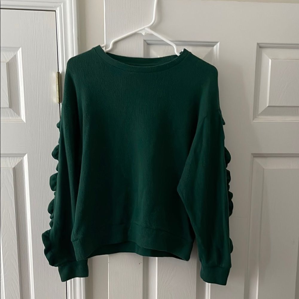 Dark Green Ruffle Sleeve Sweatshirt